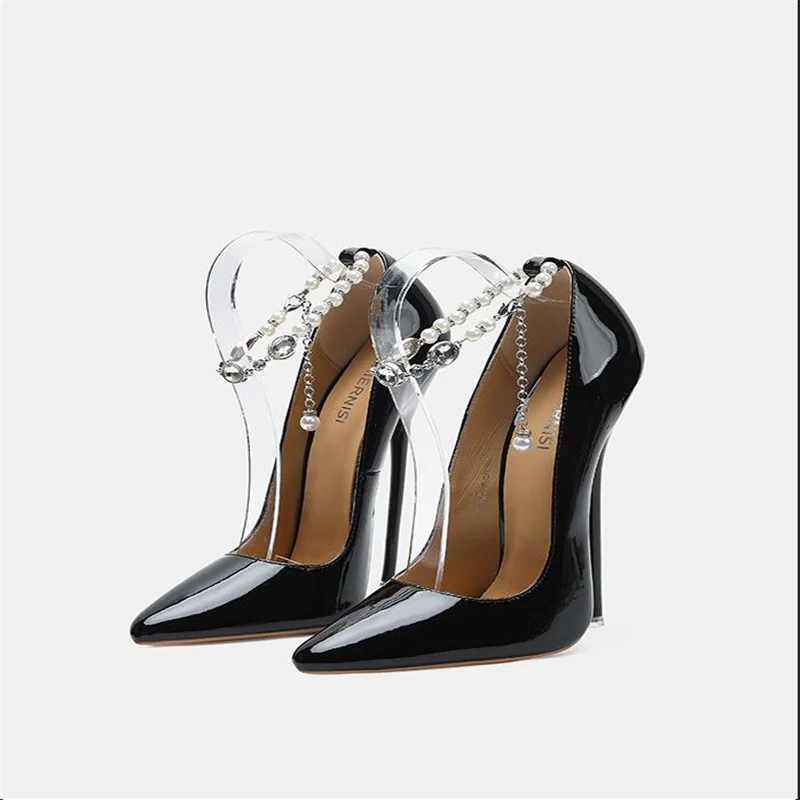 Newly 16cm Extreme High Heels Fashion Design Stilettos Fetish Shiny Pearl Ankle Strap Pumps Cross Dresse Man