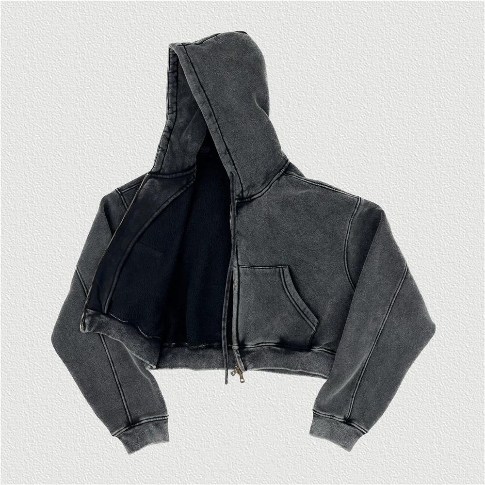 Retro Winter Women Oversize Super-Short Zipper Hoodies Female Thick Fleece Hooded Coat 355gsm