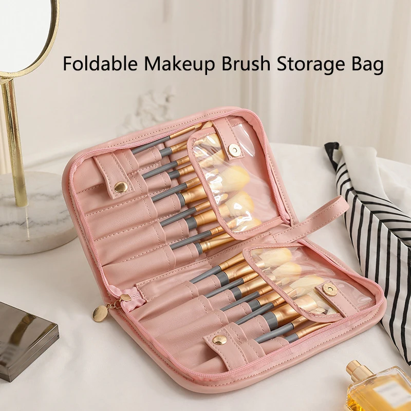 New Foldable Makeup Brush Bags Travel Cosmetic Tools Kit Bag for Men Women PU Leather High-capacity Makeup Brushes Storage Bag