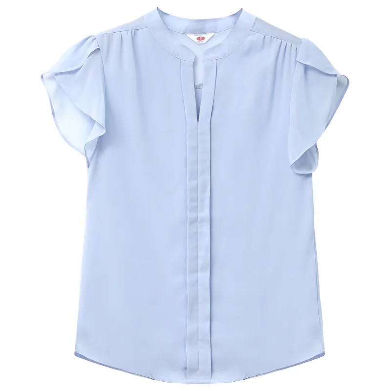 Thin Short Sleeved Chiffon Versatile Shirt For Women'S Summer New Korean Style Fashionable Standing Collar Flower Bud Sleeve Top