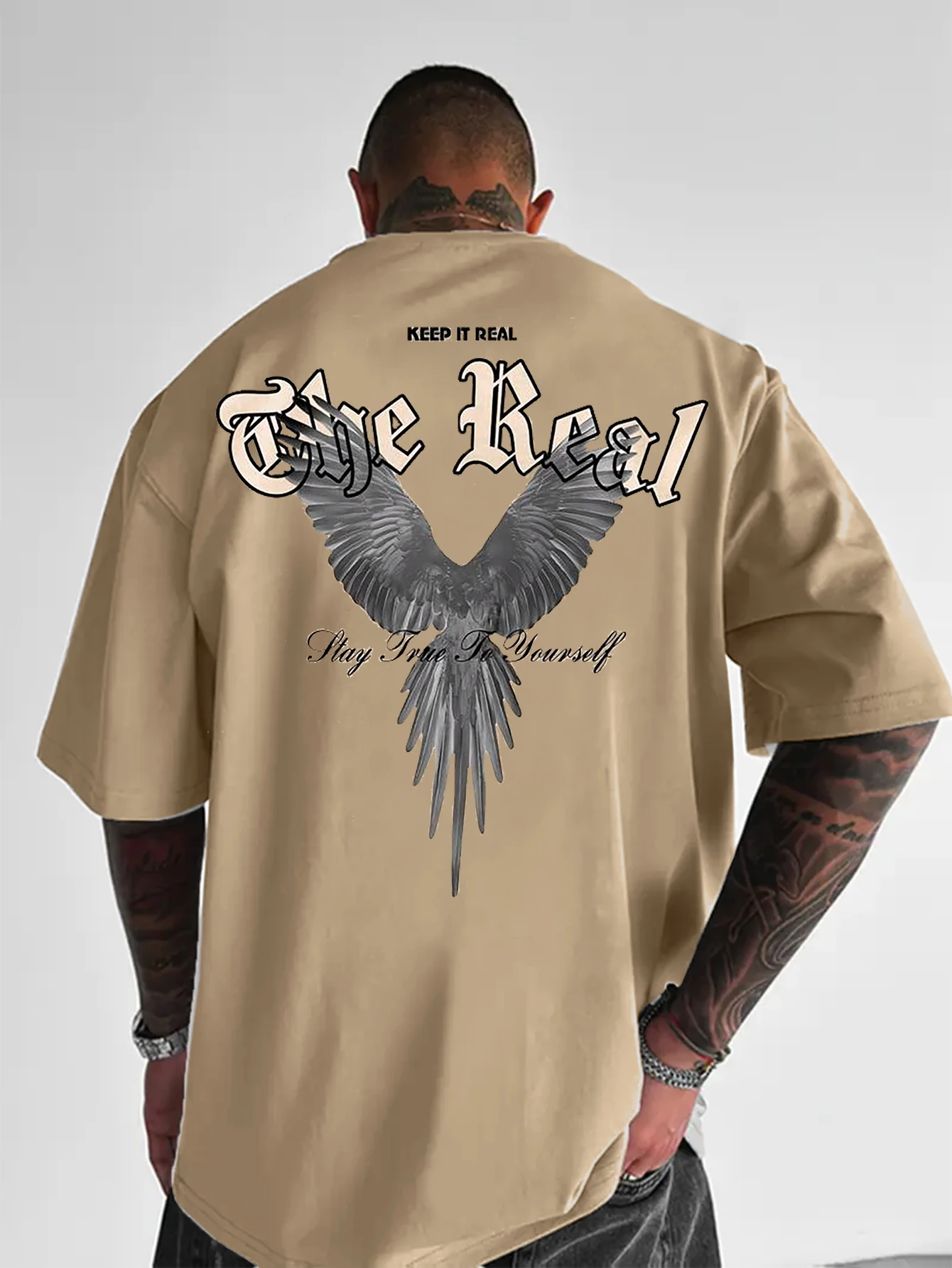 Oversized Men Crew Neck T-Shirt, The Real Eagle Gothic Letter Back Graphic Print Short Sleeve Casual Streetwear Tee