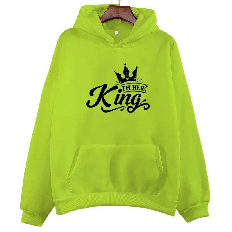 Matching Couples Sweatshirt I’m Her King I’m His Queen Graphic Women Sweater Long Sleeve Print Matching Outfit for Couples Hoody