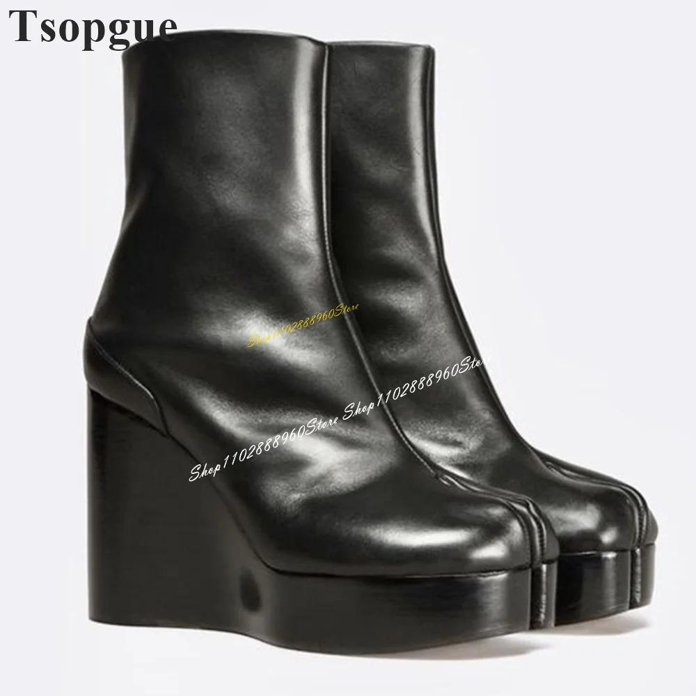 Western Mid Calf Black Handmade Leather Tabi Boots Wedges Heel Shoes For Women Split Toe 2024 Fashionable Zapatos Para Mujere