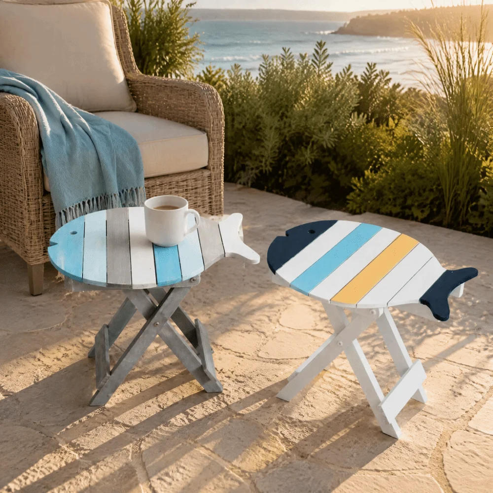 Distressed Solid Wood Folding Side Table Colorful Wooden Painted Wood Fish-Shaped Table Hand Painted Small End Table Patio