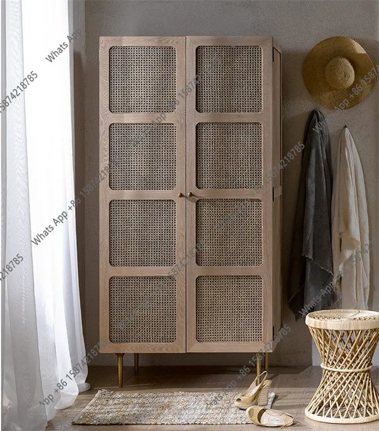 

American creative rattan solid wood wardrobe Nordic small apartment bedroom double door retro simple old locker