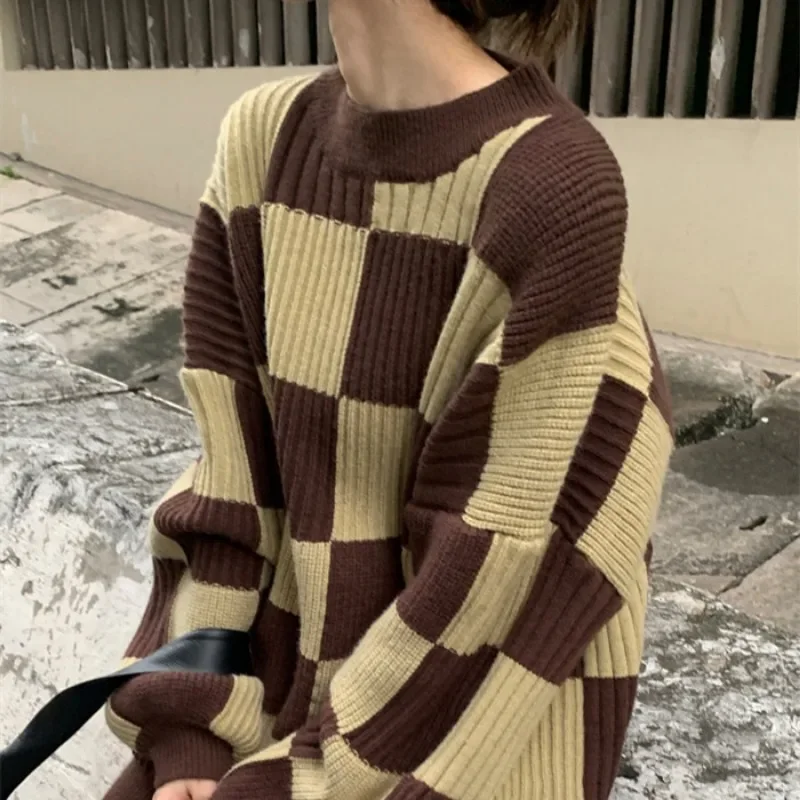 

Grid Sweater Women's Autumn and Winter New Design Top Retro Knitted Sweater Women