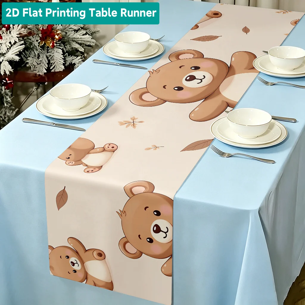 2D Flat Brown Teddy Bear & Foliage Table Runner Holiday Party Decor Kitchen Dining Table Flag for Birthday Themed Gathering Home