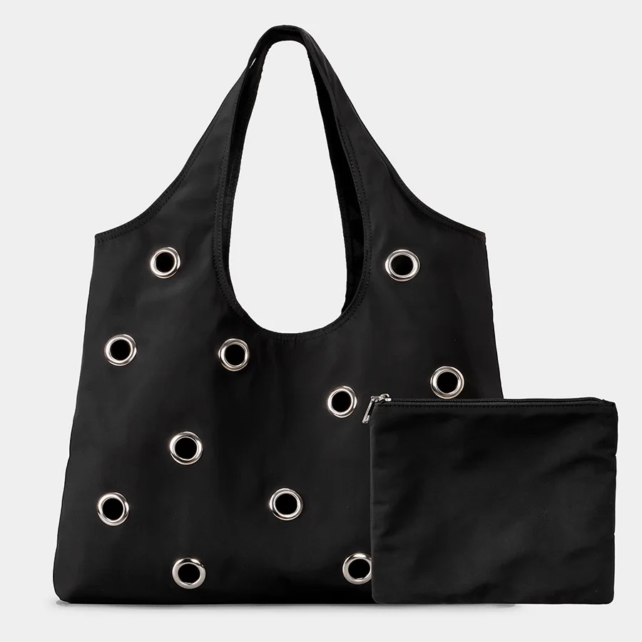 

2025 New Fashion Hollow Rivet Black Tote Bags for Women Luxury Soft Canvas Shoulder Bags Large Capacity Versatile Shopper Purses