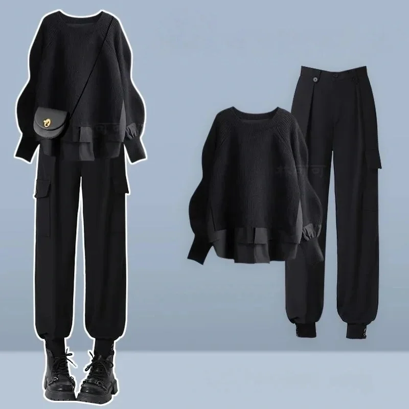 

Women's 2026 Autumn/Winter New Fashion Tracksuit Matching Set Korean Elegant Long Sleeve Knit Sweater+Cargo Pants 2-piece Suit