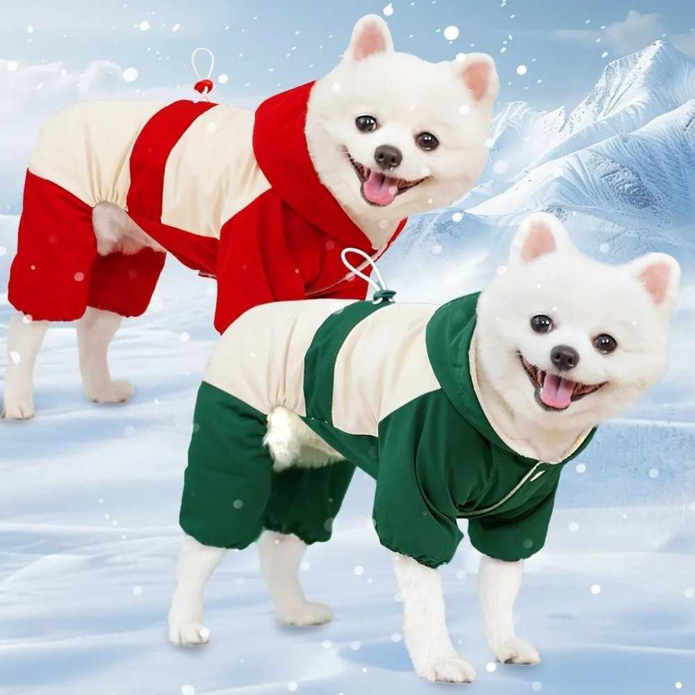 Windproof Dog Hooded Jumpsuit Winter Warm Adjustable Dog Four Legged Clothes Thick Velvet Comfortable Puppy Storm Coat Outdoor