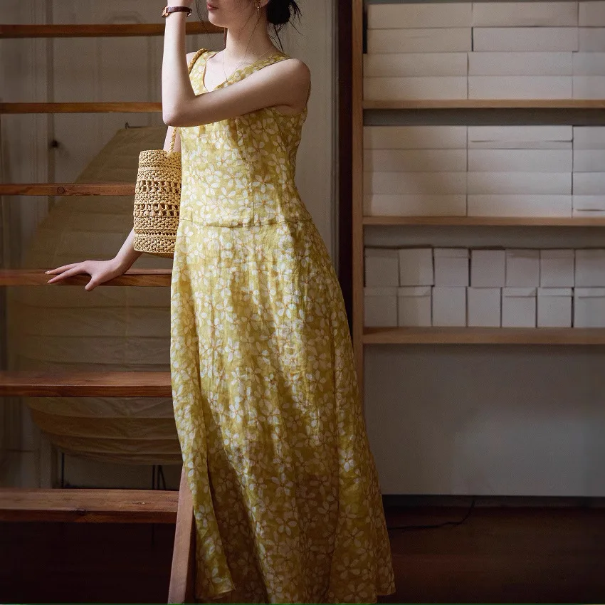 

Women's natural ramie hand-painted printed flowing sleeveless vest dress French skirt 2025 summer