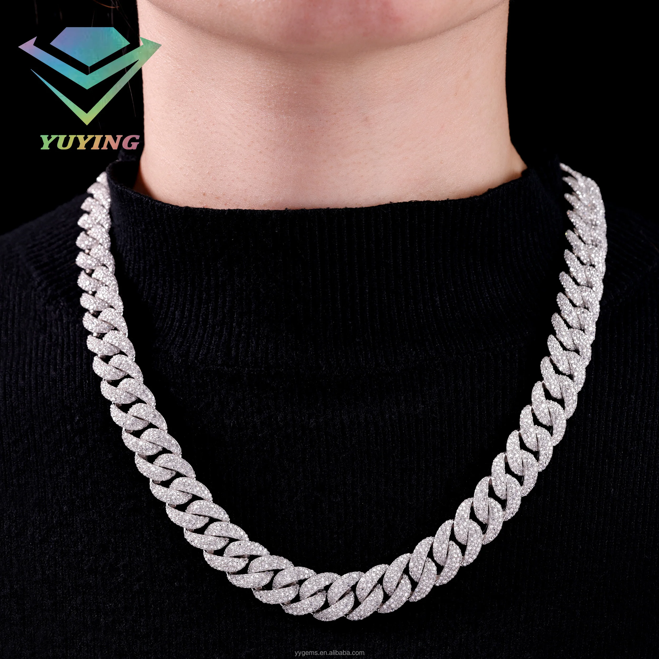 Diamond .Raised Flip Necklace Cuban Link Chain 15mm Wide S925 Silver Diamond VVS Moissanite Hiphop Cuban Link Chain