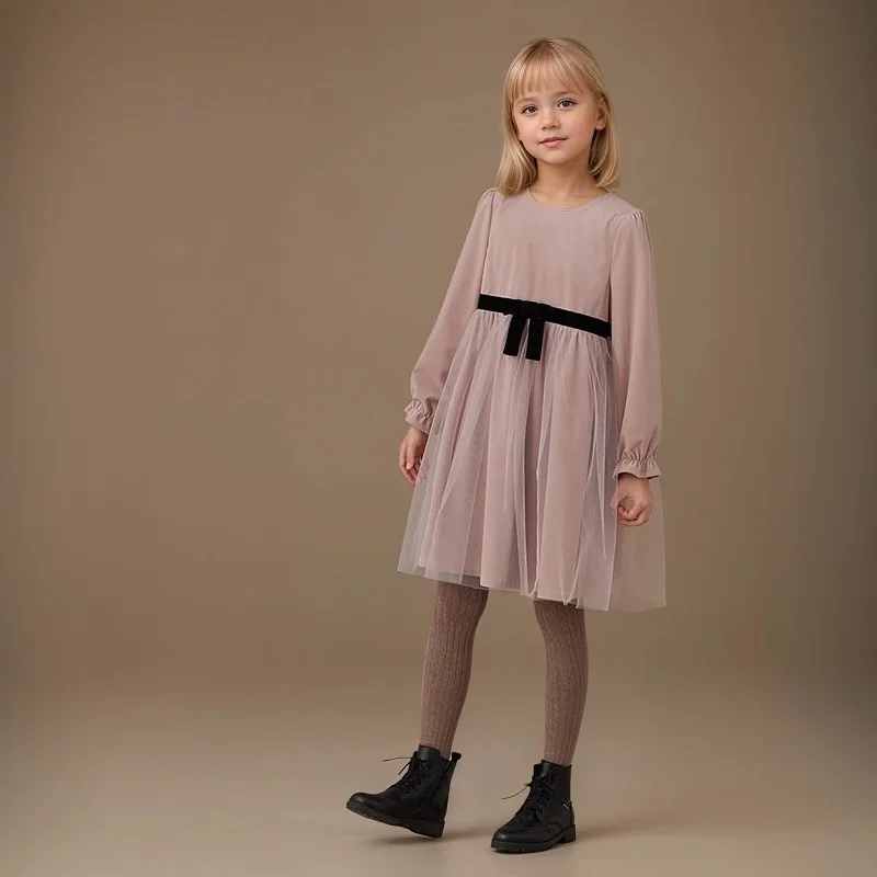 Autumn Keep Warm Plain Long Sleeved Stand Collar Tied Dress Solid Color Kids Dresses Girls Daily Casual Clothes 3-7 Years Old