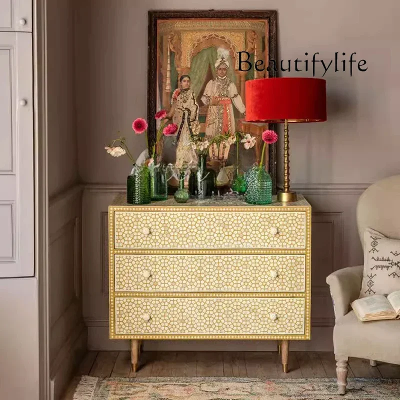 S French Retro Hand-painted Three-bucket Cabinet American Simple Living Room Side Cabinet Multi-drawer Locker
