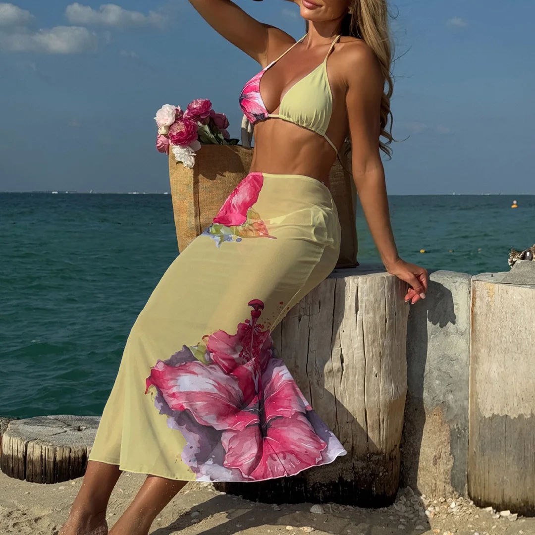 Blumenmuster mit Rock, Neckholder-Bikini, Damen-Badebekleidung, dreiteiliges Bikini-Set, Damen-Badeanzug, Badebekleidung, Badeanzug, Schwimmkleidung V6637 – Detail 20
