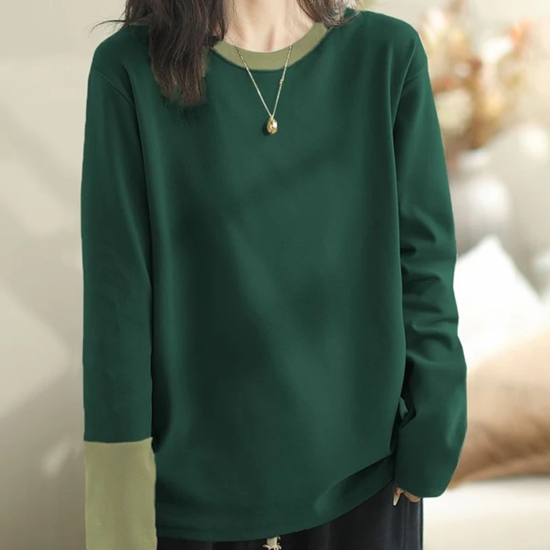 Autumn Winter Women Contrast Fake Two Piece Long Sleeve Tee Double Sided Thermal Fleece Loose Casual Plus Size Ladies Basic Tops