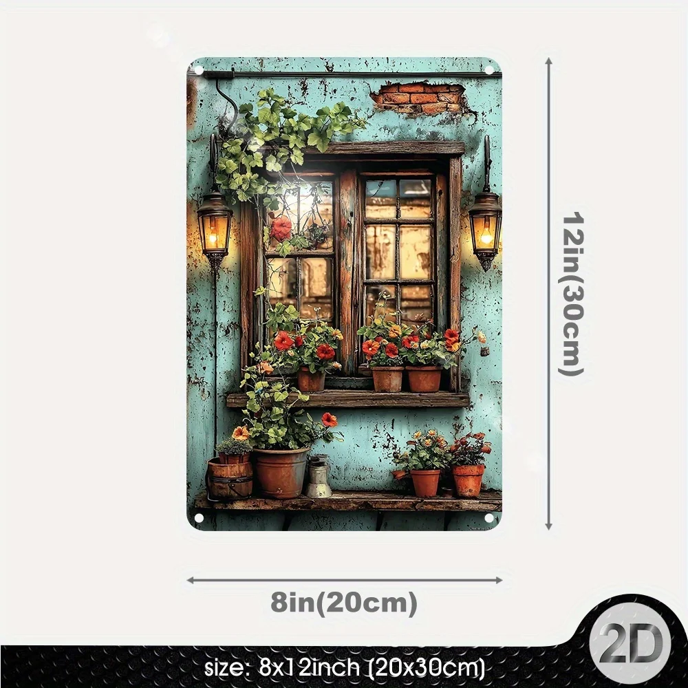 2D Flat - 1pc Vintage Window Flower Metal Tin Sign, Iron Farmhouse Wall Art Decor, 8x12 Inch, Rustic Home Cafe Decoration