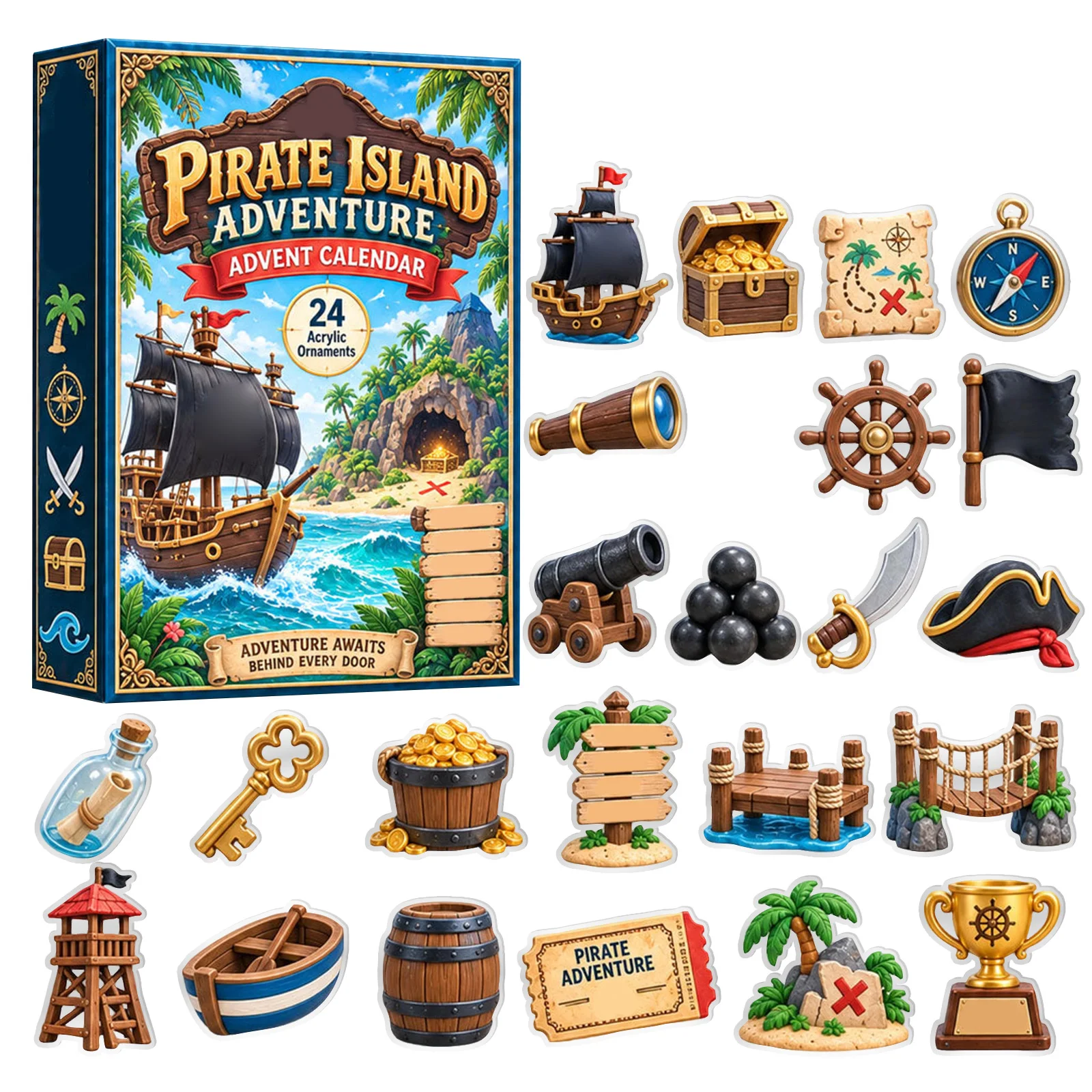 Pirate Island Advent Calendars 24 Pieces 2d Flat Acrylic Ornaments Holiday Countdown Collectible Christmas Countdown Gift