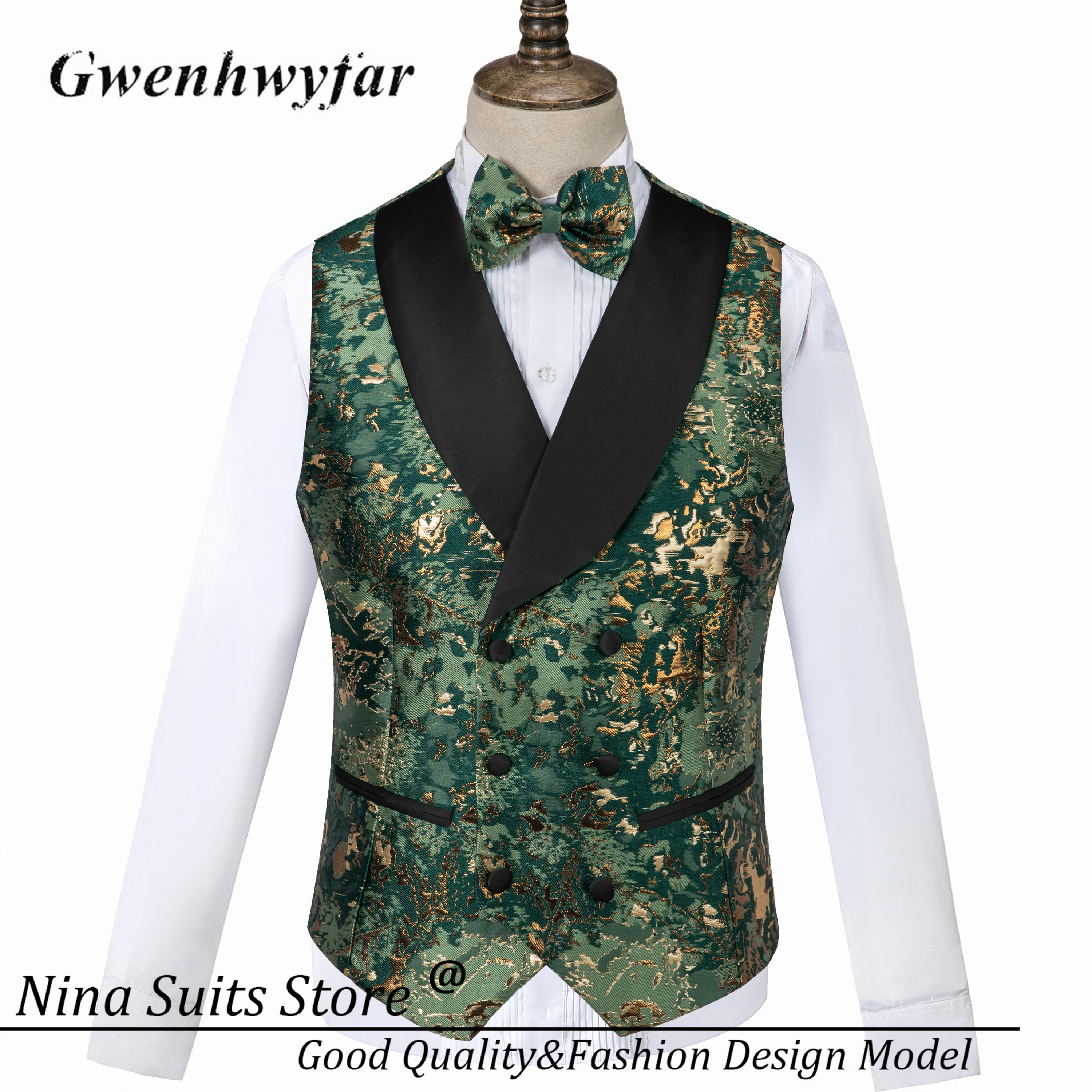 Gwenhwyfar Tailored Camouflage Men Tuxedos High Quality Gold Army Green Pattern Costume Homme Formal Male Suit Blazer Pants Vest