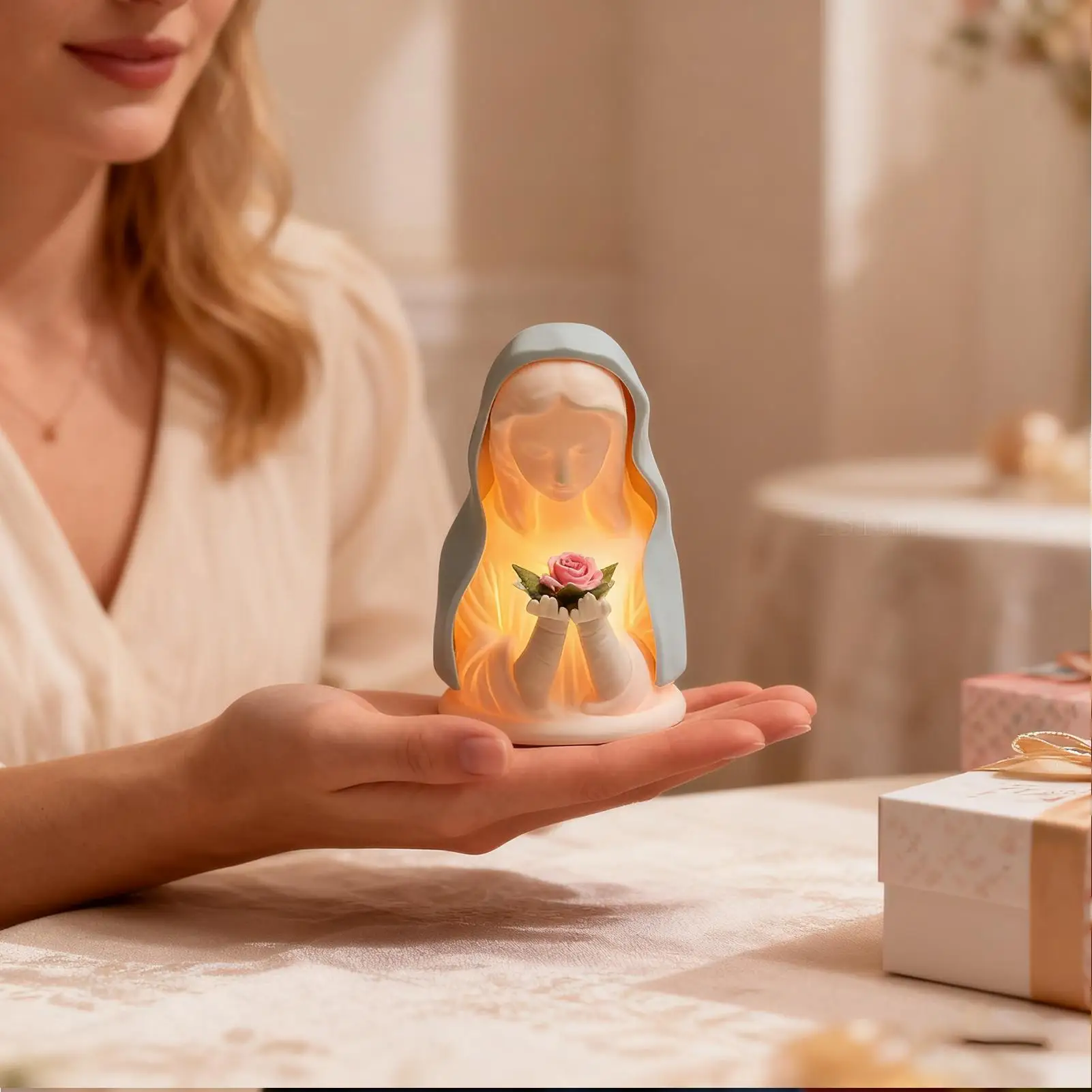 聖母マリアの祈りの像-ナイトライト-カトリックの聖母マリア-ナイトライト-癒しの温かい照明-工芸品-クリスマスの夜