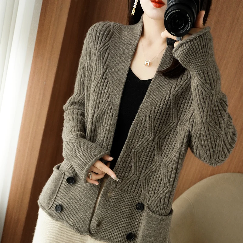 2023 Autumn Winter New 100% Pure Wool Cardigan Sweater Women's Solid Color Loose Thicken Fashion Female Long Sleeve Knitwear