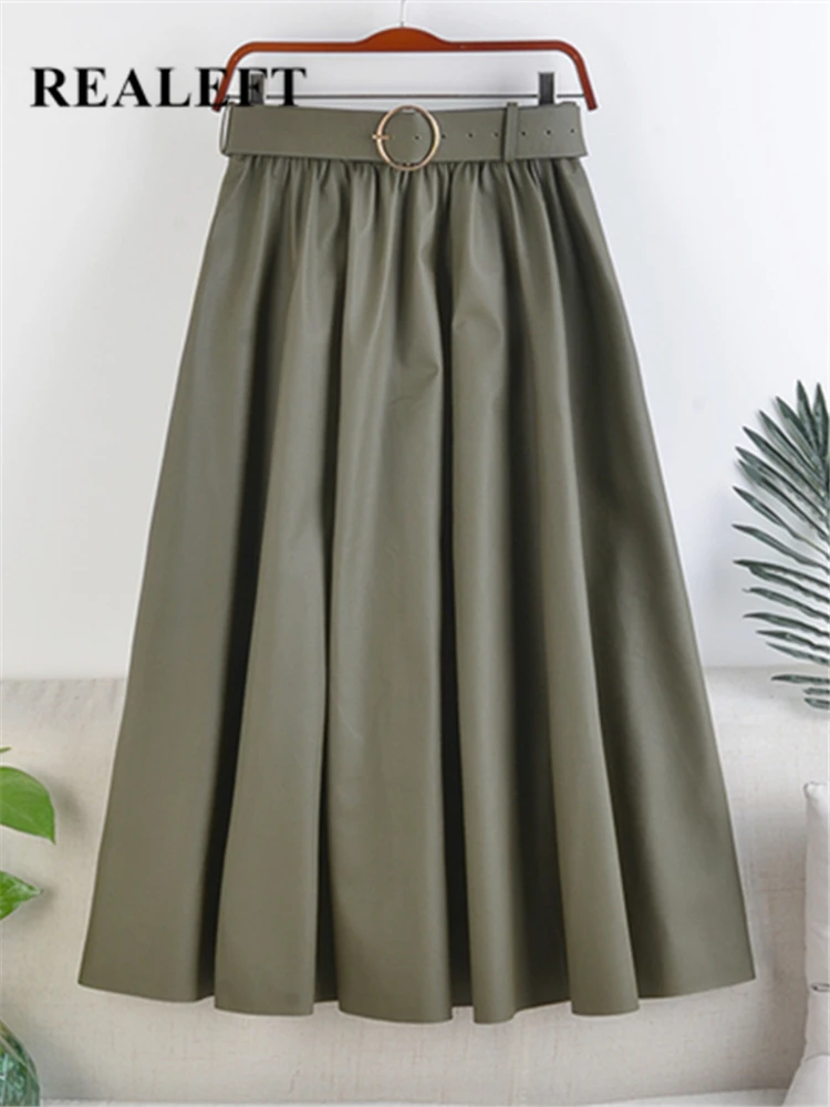 REALEFT Autumn Winter Faux PU-leather mi-long Skirts with Belt High Waist Elegant 2022 New A-line Chic Mid-calf Umbrella Skirts