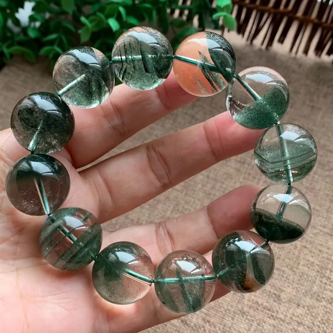 Natural Green Phantom Quartz Clear Round Beads Bracelet Women Men 19mm Big Size Phantom Jewelry Rare Clear Stretch AAAAAA