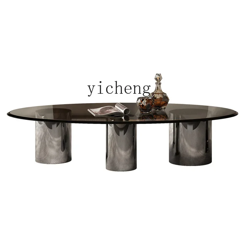 ZK Oval Tempered Glass Tea Table Combination Stainless Steel round Modern Simple Suspension Feeling