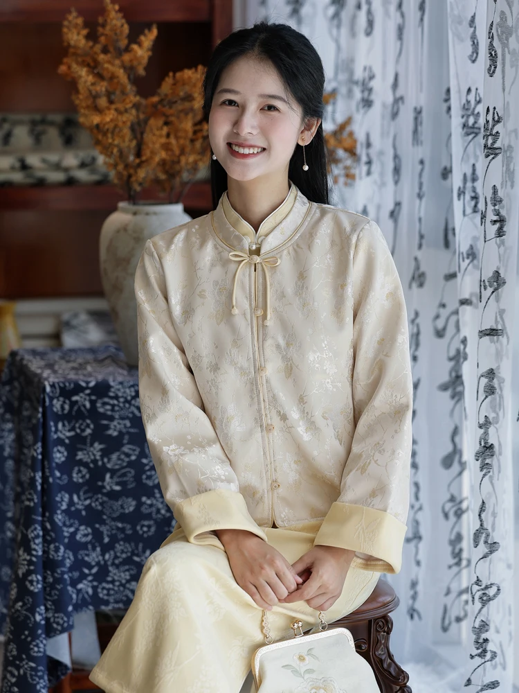 

Женское пальто Ele Embroidered Chinese Sle Jaet: универсальная осенне-зимняя модная модель прямого кроя с длинными рукавами