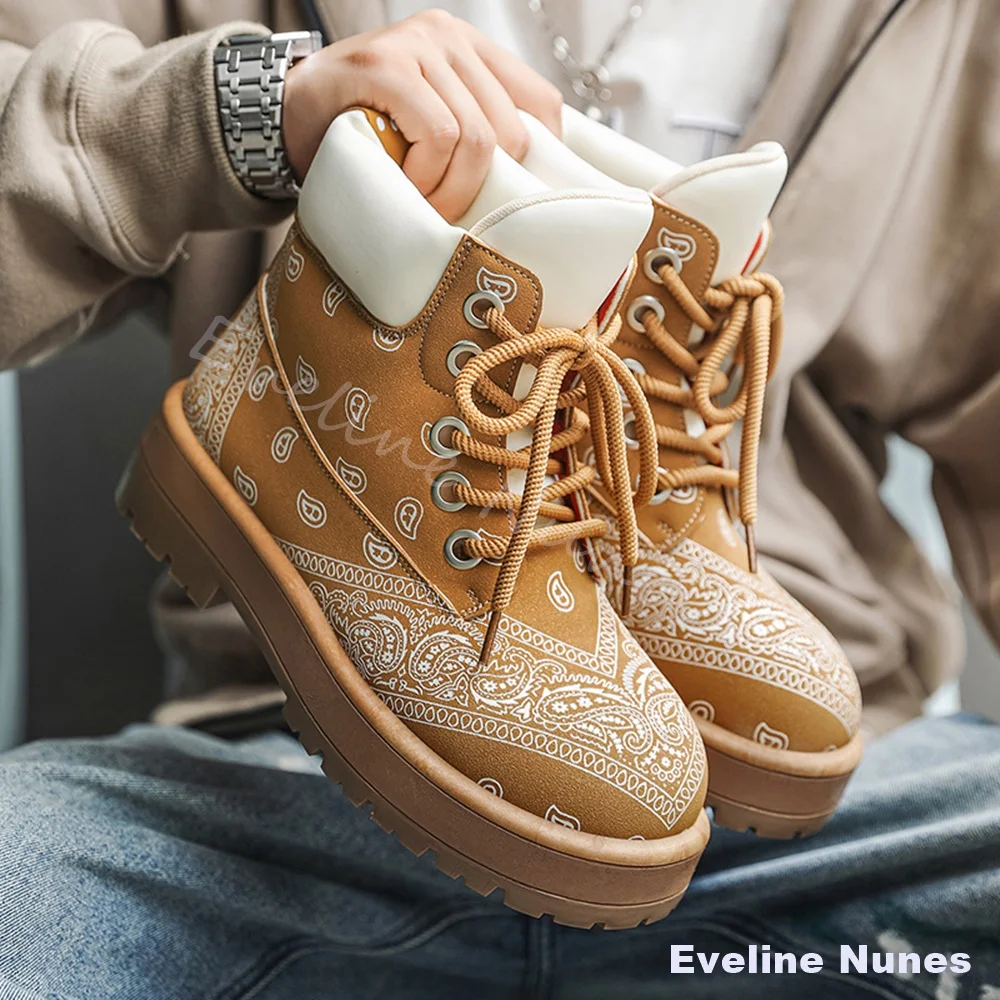 Men Khaki Paisley Print Ankle Boots Vintage White Collar Platform Chunky Lace Up Work Combat Boots 2026 Streetwear Short Boots