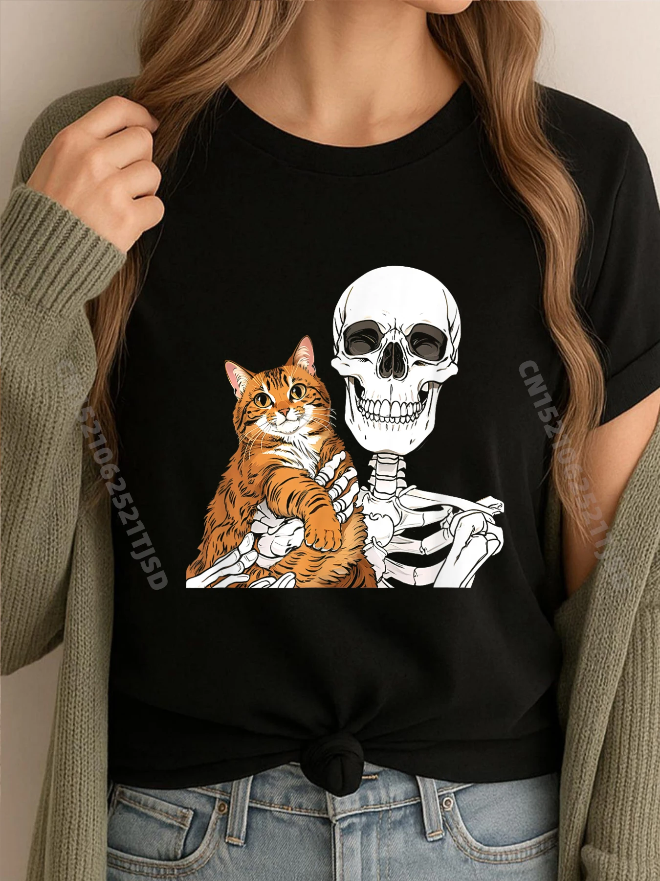 

Рубашка со скелетом держит кошку, костюм ленивого Хэллоуина, череп, бесплатная доставка, одежда, весенний Хэллоуин, готический стиль