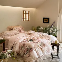 Ultra Soft Breathable Cotton Lyocell French Flowers Lace Summer Cooling Bedding set (1Duvet Cover+1Flat Bedsheet+ 2Pillowcases)