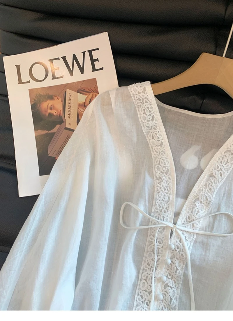 Blusas de estilo chino para mujer, camisas Vintage lisas, ropa holgada de verano a la moda, Tops de mujer de lino y algodón de manga larga con cuello en V