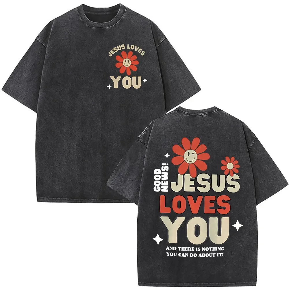 

Good News Jesus Loves You Christian Bible Verse Vintage Washed T-shirt Summer Men Women Clothing Fashion Oversized Streetwear