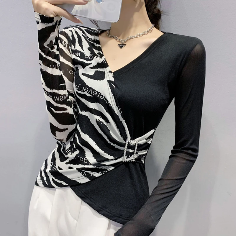 Sexy V-Ne Cross Long Sve T-Shirt Damen Me Top Faionable Leopardenmuster Base IRT Sli Slim Fit Herbst Winter