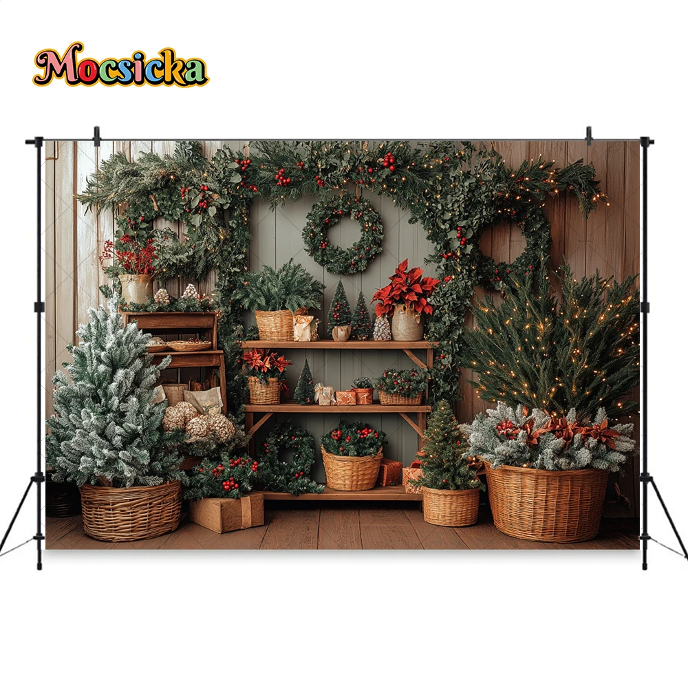 모시카 크리스마스 트리 방 배경 사진, 녹색 크리스마스 화환, 나무 선물 부스 배경, 어린이 가족 사진 스튜디오 소품