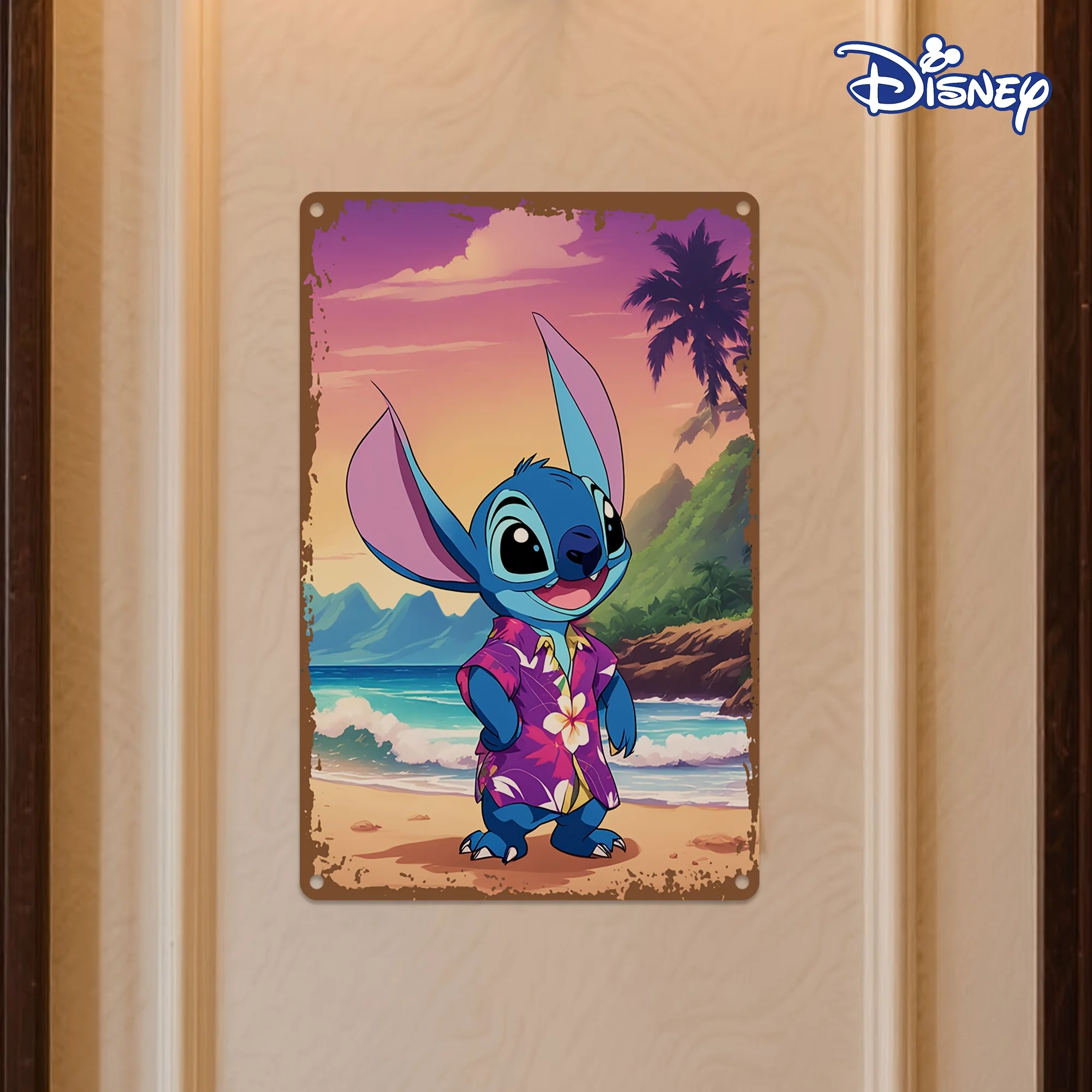 قطعة واحدة من لافتة ديزني ستيتش المعدنية من القصدير - لوحة فنية جدارية على الشاطئ الاستوائي مع أشجار النخيل وموجات المحيط، ديكور حديد متين مقاس 8 × 12 بوصة
