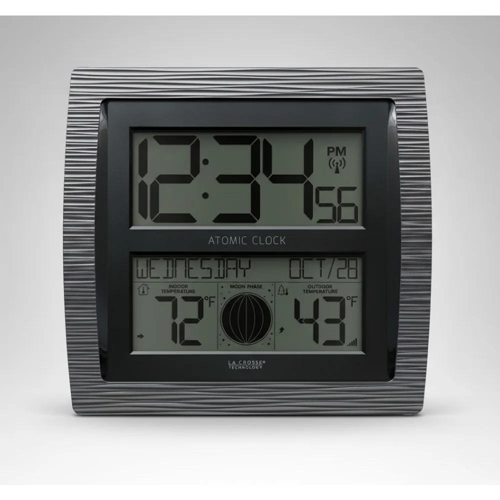 ساعة رقمية ذرية منحنية مع مرحلة القمر ودرجة الحرارة - حفظ الوقت الدقيق للمكتب المنزلي