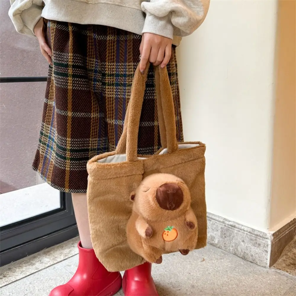 Fashion Cartoon Capybara Handbag Large Capacity Magnetic Buckle Plush Doll Tote Bag Cute Korean Style Kid Schoolbag Travel