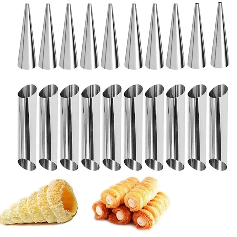 10Pcs Cream Horn Molds Stainless Steel Cone Tubular Shaped Mold Baking Cones Horn Pastry Roll Kitchen Cookie Dessert Tool