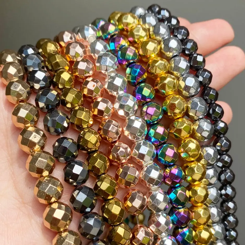 46 Style Natural Stone Bead Gold Silver Color Hematite Round Faceted Beads For Jewellery Making Bracelet Necklace 15\'\' Strands