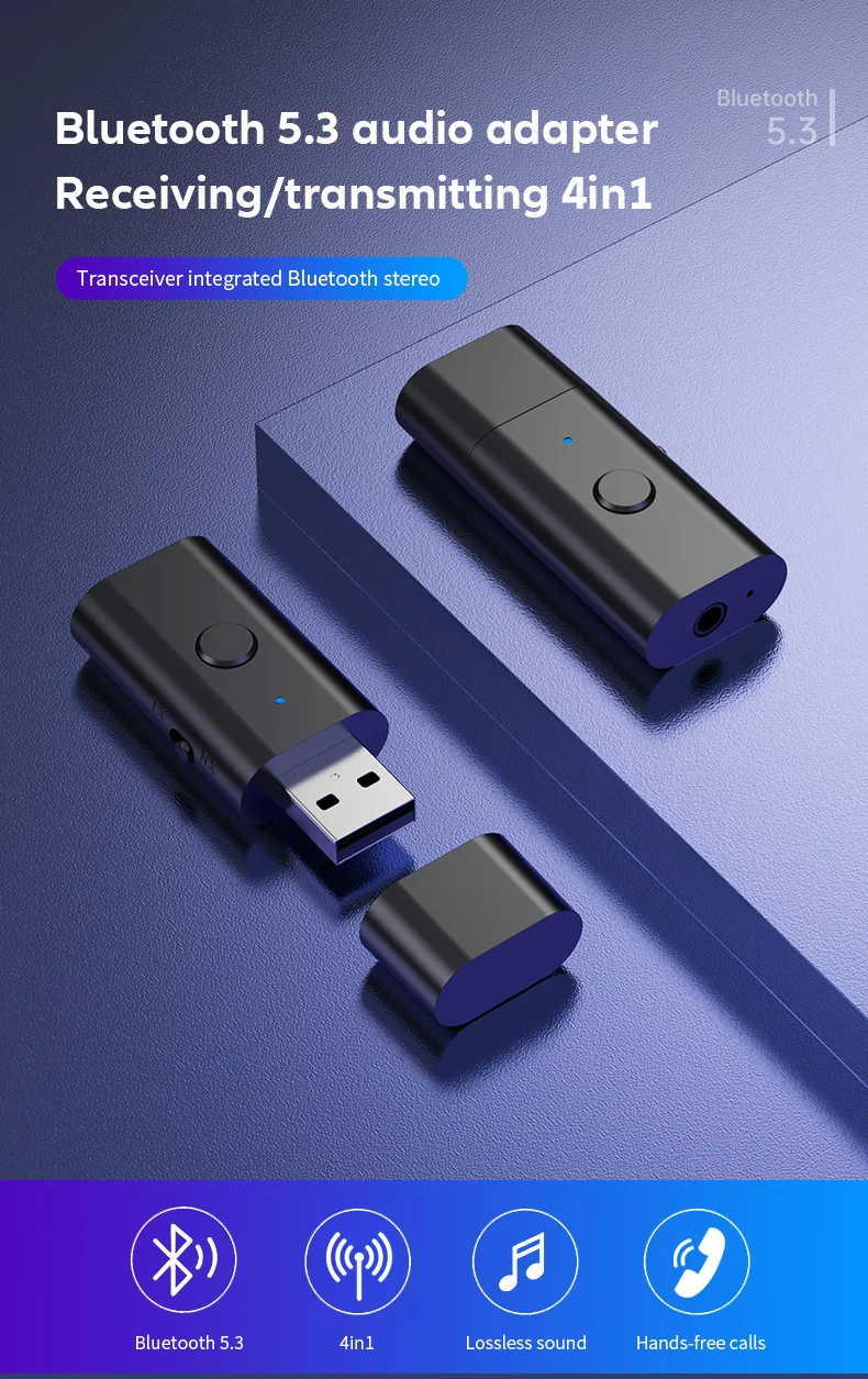 4 In 1 Bluetooth 5.3 Audio Receiver Transmitter Stereo USB Dongle 3.5mm 3.5 AUX Wireless Adapter for Car Kit TV PC Headphone