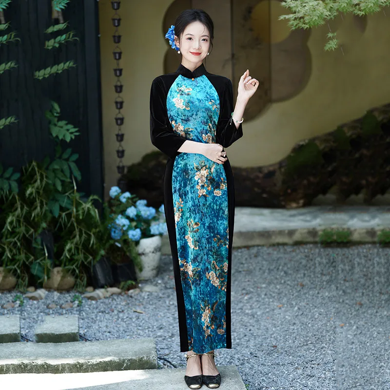

Бархатное новое китайское осеннее платье Cheongsam с длинными рукавами, улучшенное для молодых женщин, элитное весеннее платье Ципао в стиле ретро