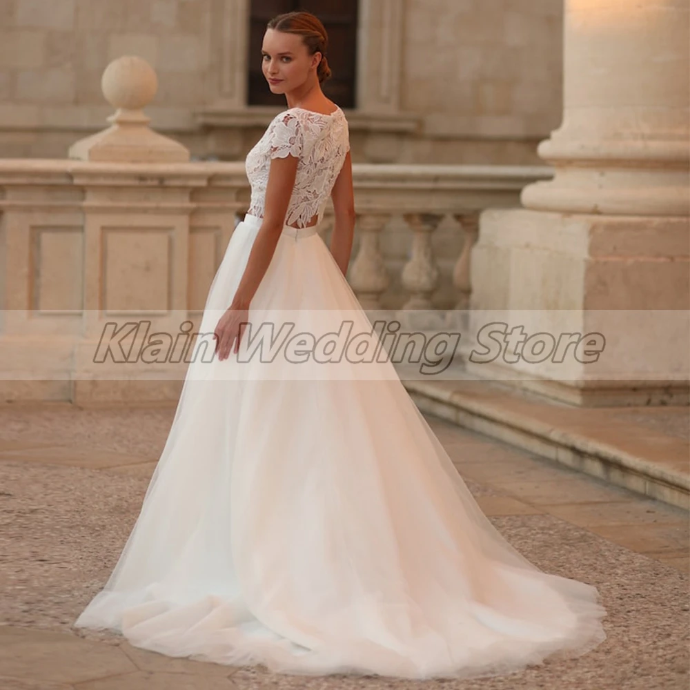 Customized Weilinsha Two Pieces Wedding Dress Lace Short Sleeves Tulle Side Split Bridal For Woman With Sweep Train Vestido De