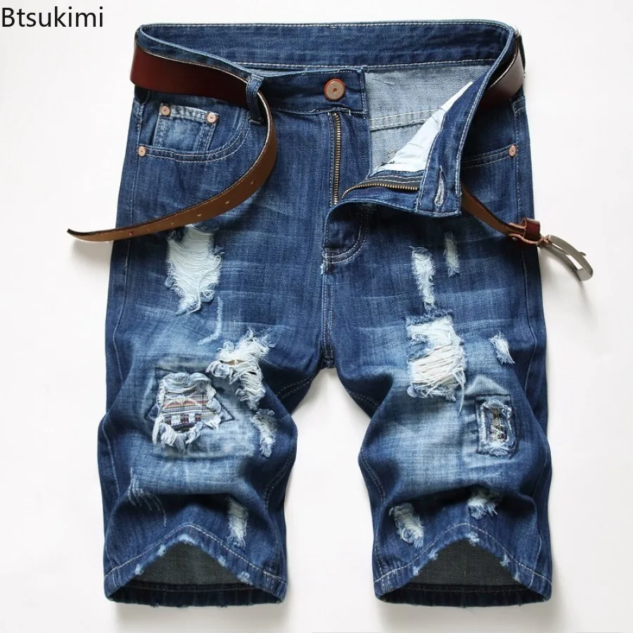 2024 New Men's Personalized Denim Shorts Fashion Retro Style Hole Casual Short Jeans Summer High Quality Straight Shorts for Men