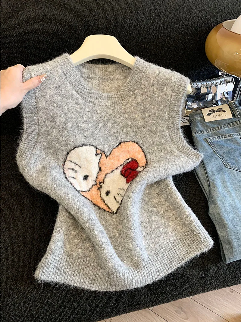 

Вязаный жилет с мультяшным узором для женщин, верхняя одежда, топ с круглым вырезом, теплый, мягкий, двойной вязки, весенняя мода
