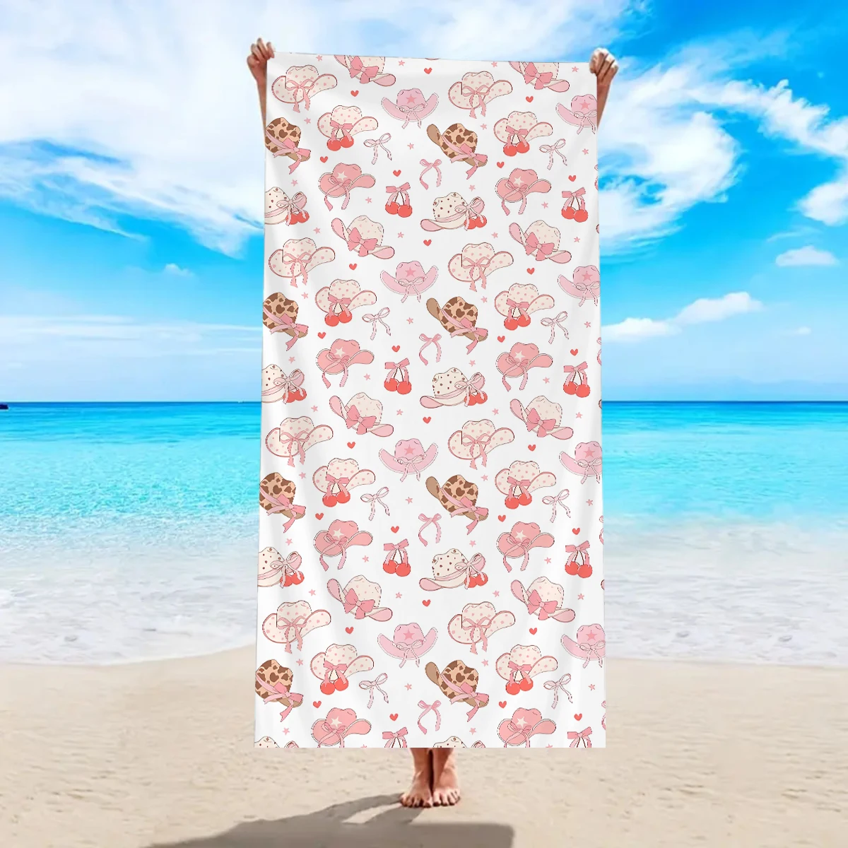 

1 шт. пляжное полотенце в западном ковбойском стиле, розовый бант принцессы, джинсовая шляпа с принтом, большое быстросохнущее пляжное полотенце для плавания
