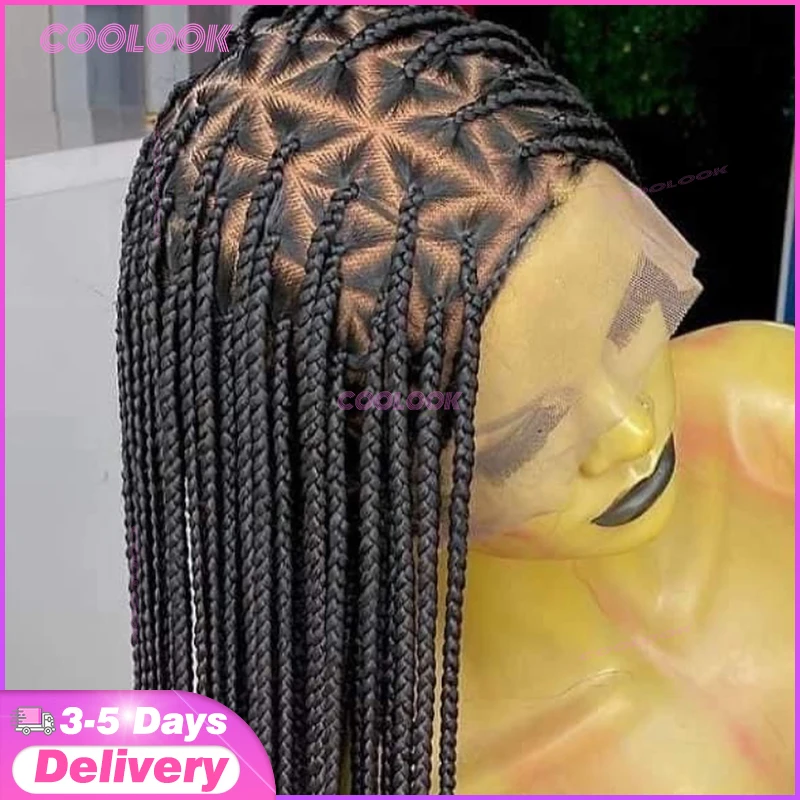 26-Zoll-Dreieck-Zöpfe-Haarperücke, synthetische Vollspitze, geflochtene Perücken für schwarze Frauen, knotenlose Box-Zopf-Perücke, Cornrow-Zöpfe, Spitzenperücke