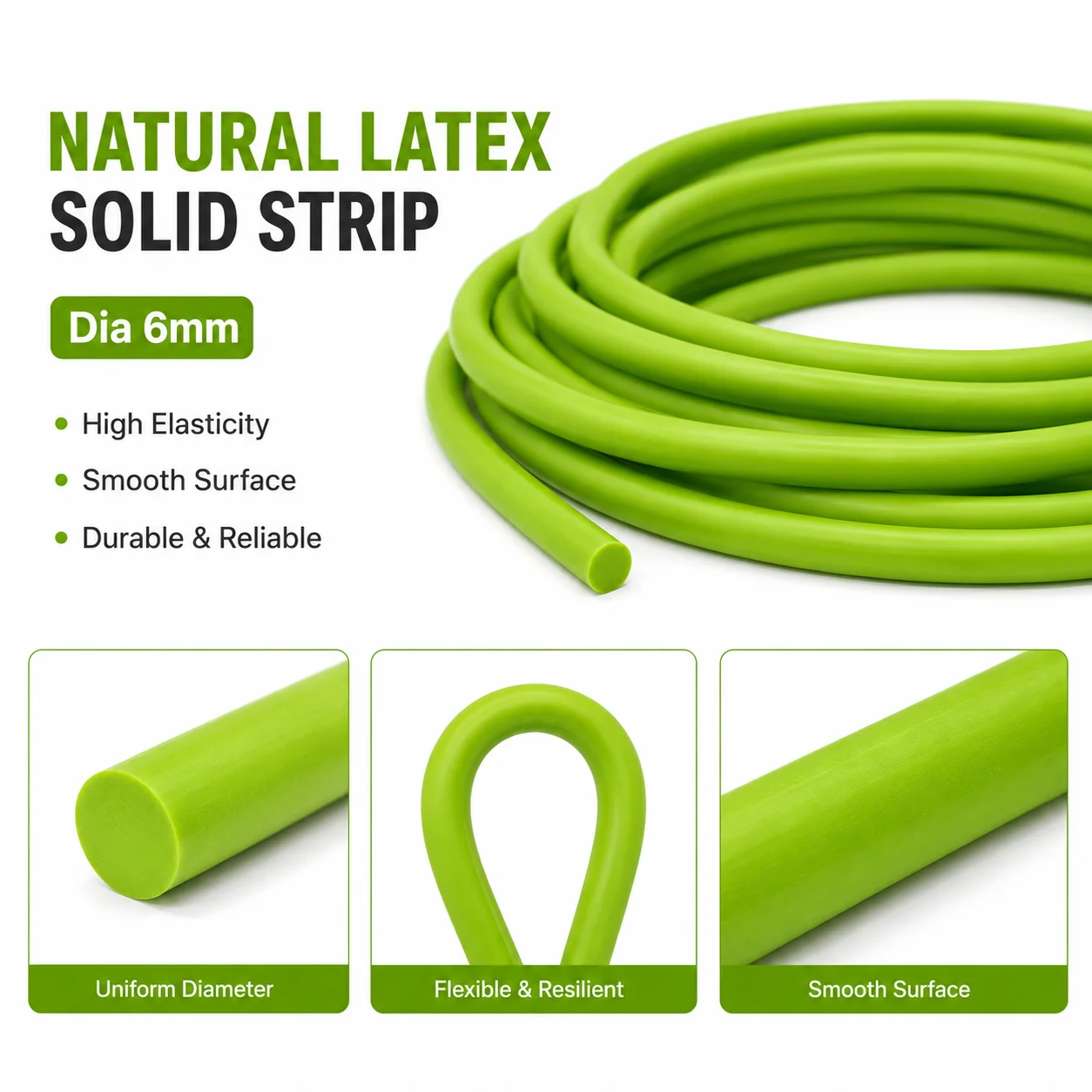 1/2/3MGreen natural latex solid strip Dia 6mm high elasticity, wear resistance, tensile resistance, anti slip industrial rubber