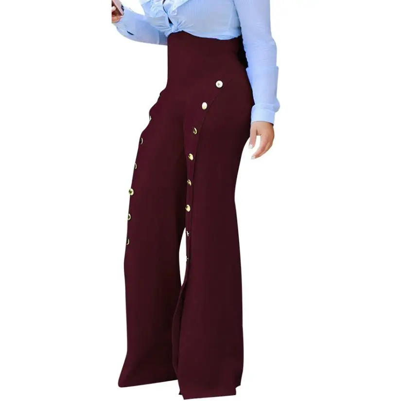 Women's High Waist Long Pants 2023 Autumn New Casual Button Slit Flared Trousers Elegant Office Straight Knitted Trousers